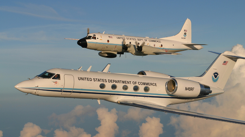 NOAA’s Hurricane Hunters  include two Orion P-3 aircraft and a G-IV jet.