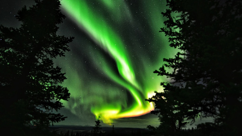 Northern lights streak the sky on a cold night in Alaska.