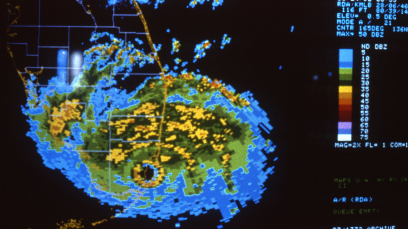Radar image of Hurricane Andrew making landfall in South Florida on August 24, 1992.