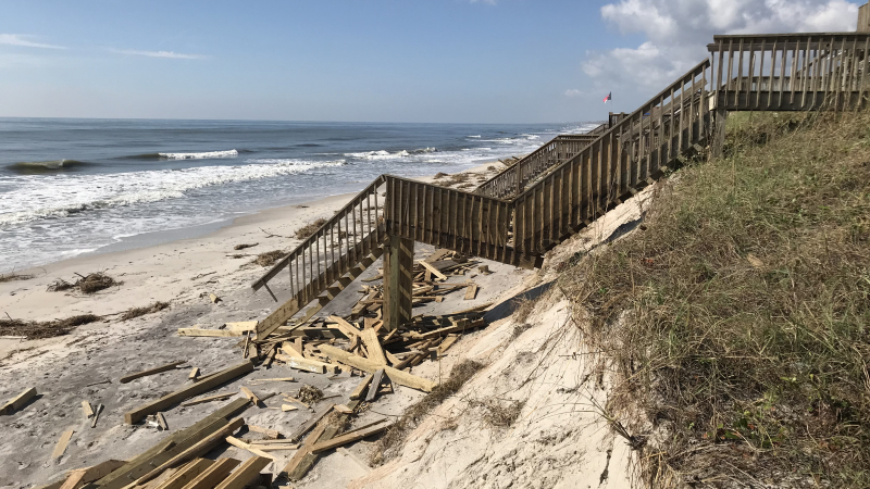The National Hurricane Center’s storm surge flooding map called for extensive flooding at Surf City, North Carolina. Florence’s storm surge and pounding waves ripped away much of these stairs. Sept. 27, 2018
