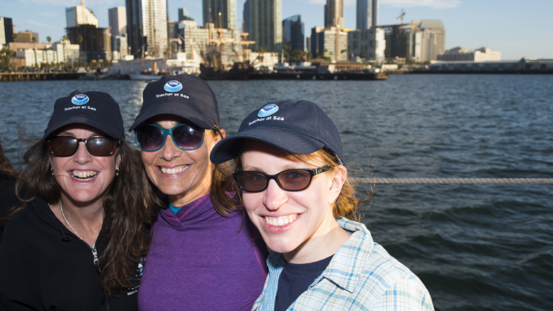 Teachers at Sea Helen Haskell (left) and Lisa Battig (center) and TAS Program Coordinator Emily Susko (right) pose for a photo on the tall ship Californian during the Southwest Teacher at Sea Alumni Workshop in San Diego, November 2017.