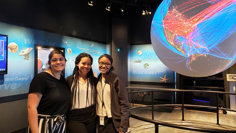 2019 undergraduate scholars Jezella Peraza, Elyse Bonner, and Ayanna Butler stopped by to see NOAA Science On a Sphere in Silver Spring, Maryland. These talented and accomplished young women are part of the Educational Partnership Program with Minority Serving Institutions and interned at NOAA headquarters in summer 2019.