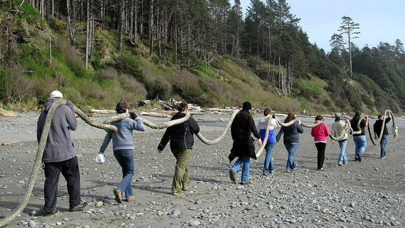 Many hands make light work: Washington CoastSaver volunteers work together to remove debris from South Beach, Olympic National Park. Here, they are carrying a long, thick boat line that washed up on the coast as debris.