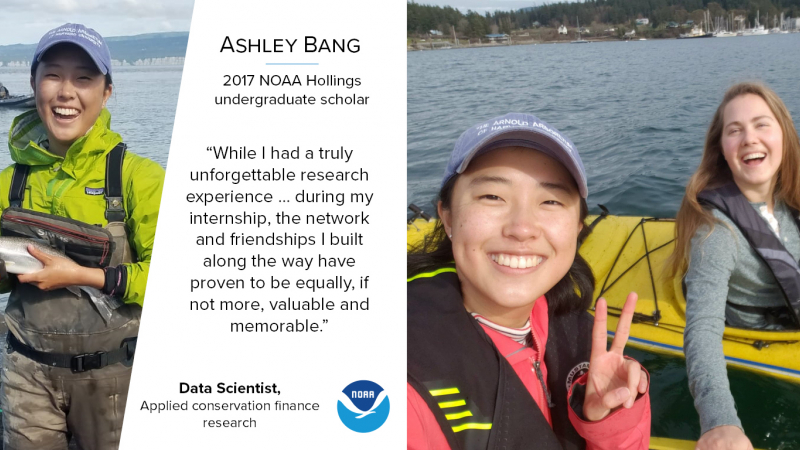 Left: A photo of Ashley Bang, now a Data scientist in applied conservation finance research, next to her quote, which reads "While I had a truly unforgettable research experience ... during my internship, the network and friendships I built along the way have proven to be equally, if not more, valuable and memorable."
Right: 2017 Hollings scholars Ashley Bang (front) and Lizzy Ashley (back) became fast friends during the years of their Hollings Scholarship despite always living across the country from