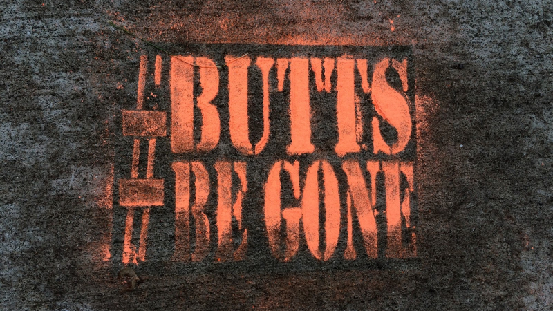 The #ButtsBeGone public awareness campaign stencil developed by students in Erie, Pennsylvania, as a community stewardship project based on their research on the health of their local watershed.