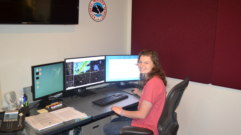 Sydney Lybrand, a 2018 NOAA Hollings scholar, looks at the tornado lightning data on the Advanced Weather Interactive Processing System (AWIPS). She completed her Hollings summer internship with the National Weather Service Weather Forecast Office in Huntsville, Alabama.