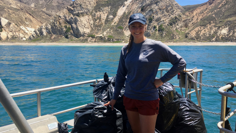 Laura Ingulsrud coordinates a shoreline cleanup on Santa Cruz Island as part of her internship with the Channel Islands National Marine Sanctuary.