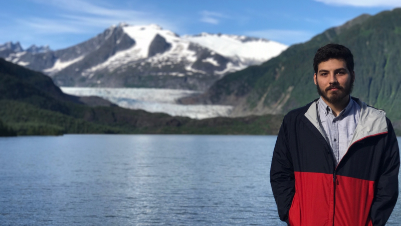 Willem Klajbor stands in front of Mendenhall Glacier in Juneau, Alaska. Will spent time working in the Coastal Ecology Fisheries Lab at the University of Alaska, Fairbanks, during his Hollings scholar experience.