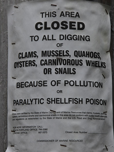 Public warning signs appear in areas that have been closed due to high levels of toxin in shellfish.