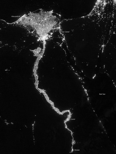On October 13, 2012, the Visible Infrared Imaging Radiometer Suite (VIIRS) on the Suomi NPP satellite captured this nighttime view of the Nile River Valley and Delta. The Nile River Valley and Delta comprise less than 5 percent of Egypt’s land area, but provide a home to roughly 97 percent of the country’s population. Nothing makes the location of human population clearer than the lights illuminating the valley and delta at night.