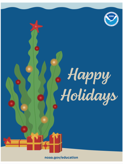 An illustrated holiday card featuring a decorated kelp tree with a sea star at the top. There are presents in the sand under the kelp tree, a NOAA logo, and writing that reads “Happy holidays from the NOAA Office of Education.” At the bottom a link reads noaa.gov/education.