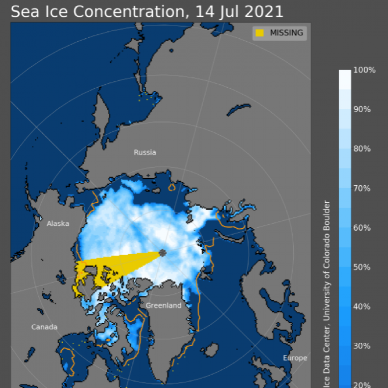 An image of sea ice concentration in the Arctic. The yellow section indicates missing data. The varied colors of blue indicate sea ice concentration, with white areas being the most concentrated.