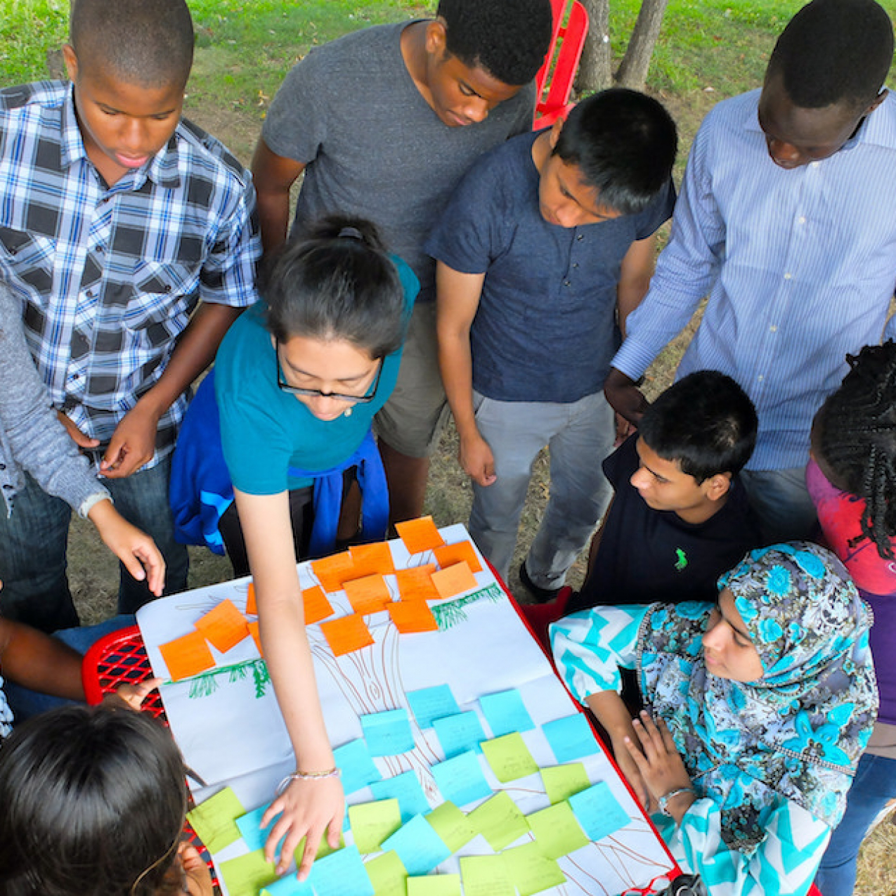 An overhead photo of students gathered around a poster with sticky notes of action items (not readable).