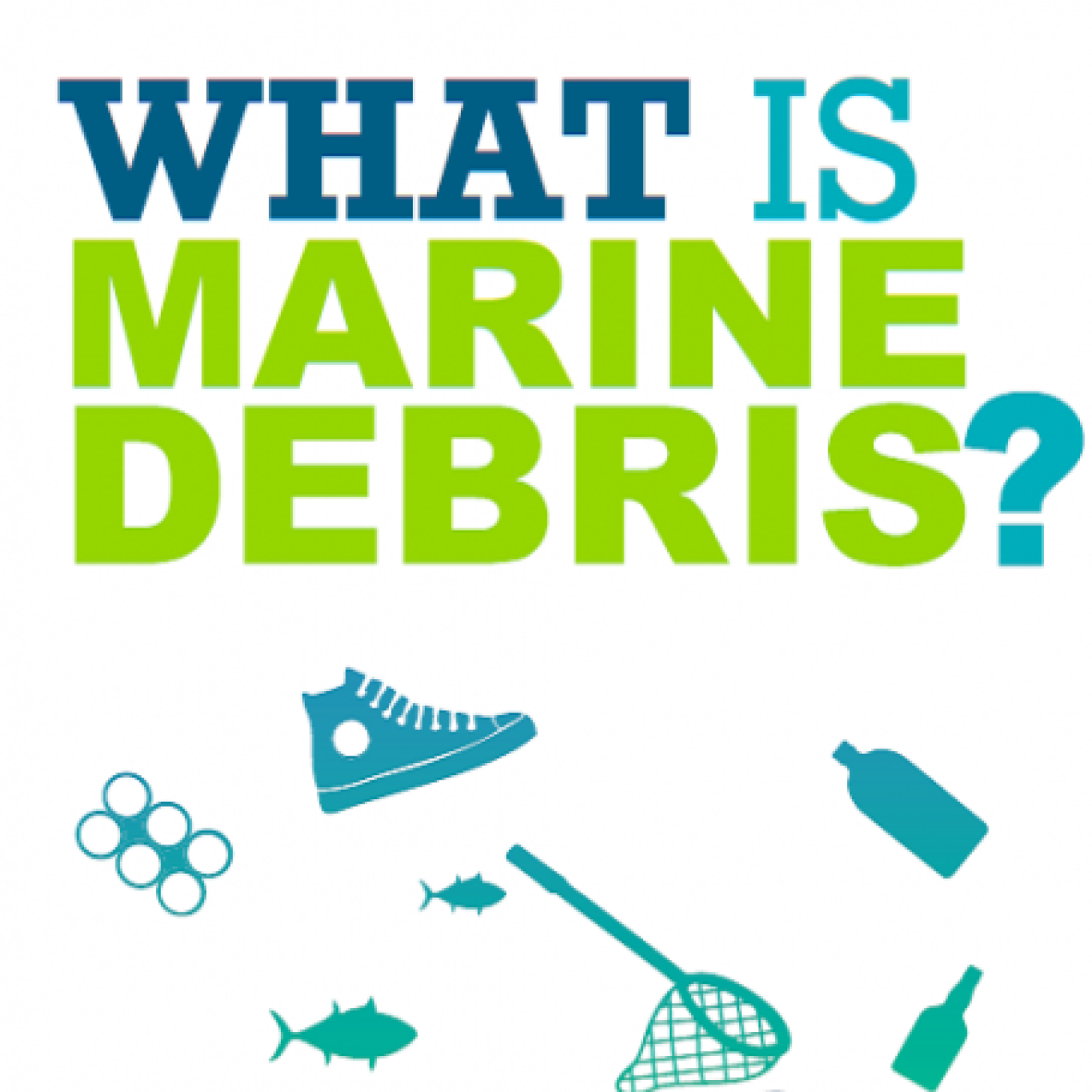Graphics of ocean pollution, like glass and plastic bottles, a net, and a tire. Text: What is marine debris?