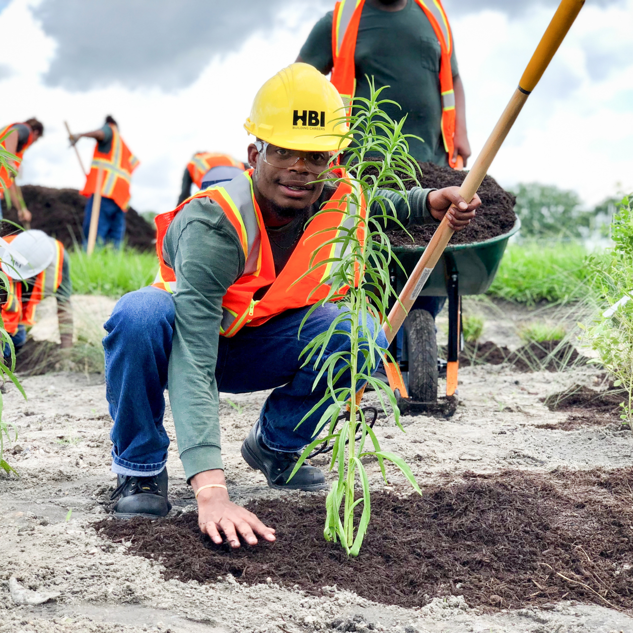 A person wearing a hardhat and safety vest kneels down to pack soil around a tall, green plant. Others in the background carry mulch from a wheelbarrow and large pile with shovels.