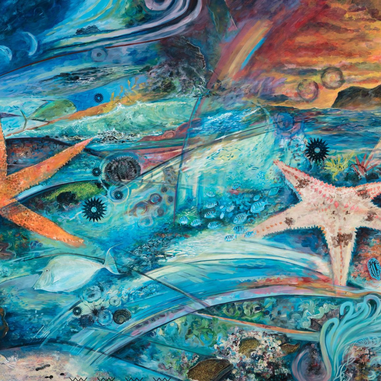 The Kumulipo, a Hawaiian creation story is depicted in this mural by Kahi Ching and prominently displayed at the Mokupāpapa Discovery Center.​ Sea stars, fish, and an octopus are seen in ocean waves and a sunset in the background.
