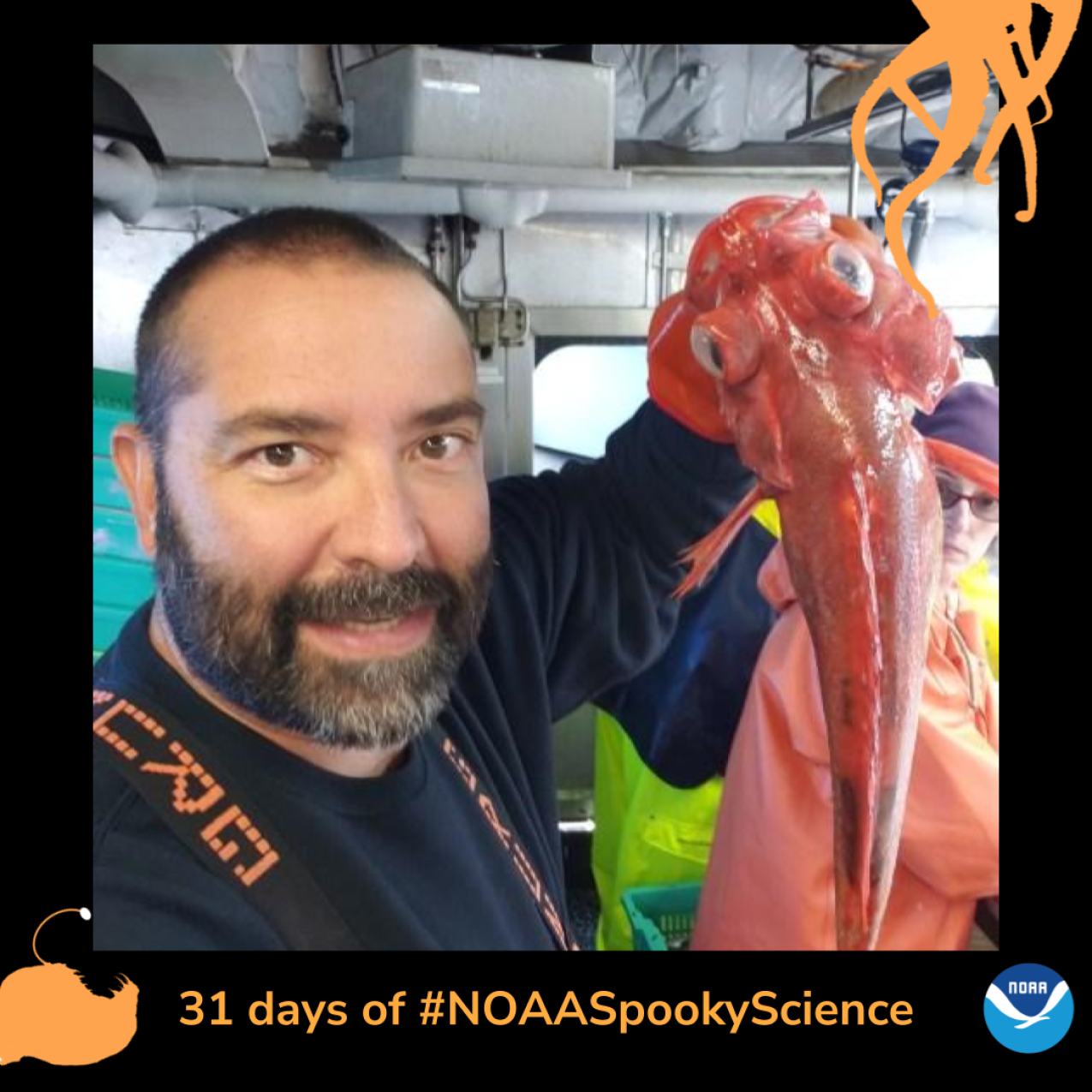 Phil Moorhouse holds up a red Vermilion rockfish with bulging white eyes. Border of the photo is black with orange sea creature graphics of octopus tentacles and an anglerfish. Text: 31 days of #NOAASpookyScience