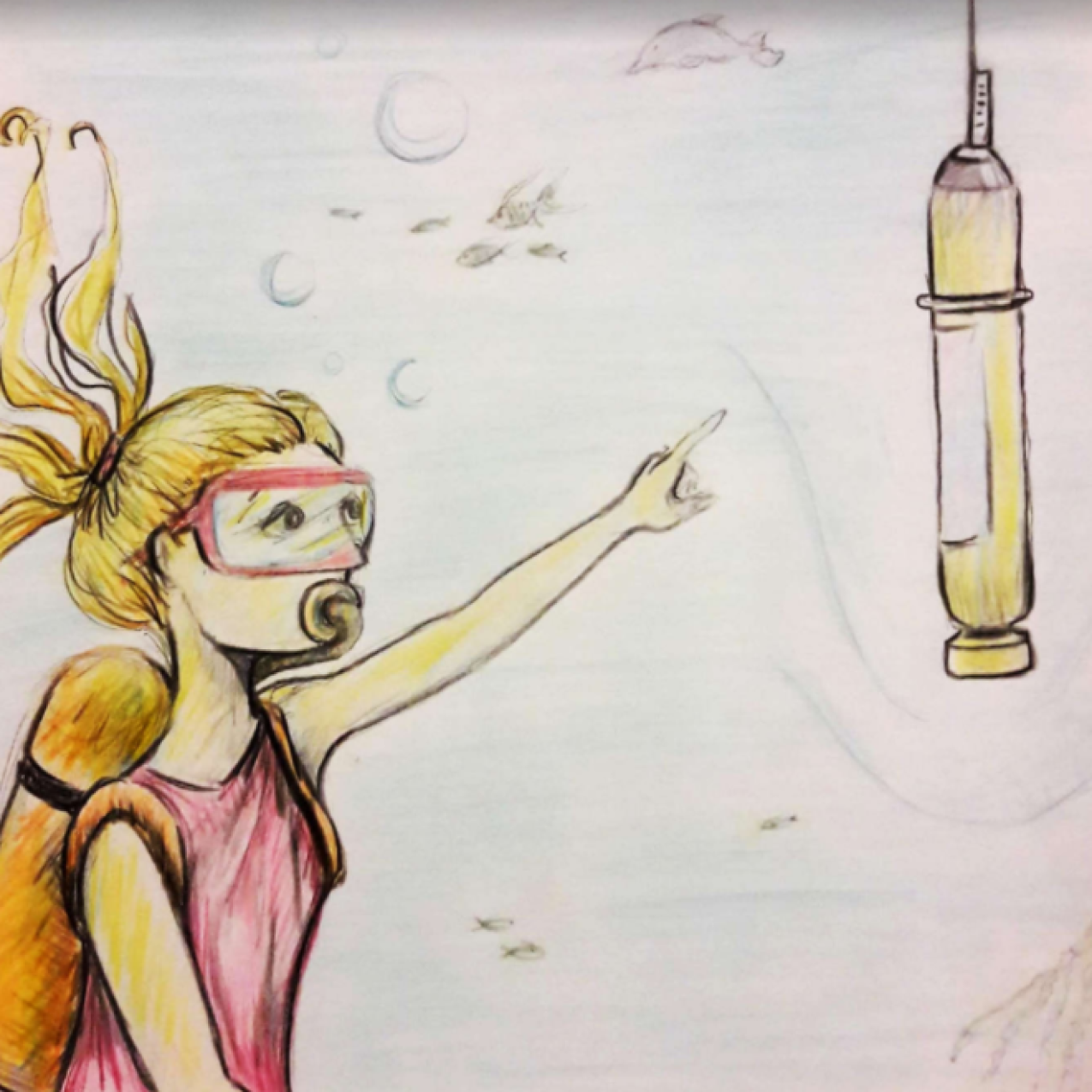An illustration of a young girl underwater wearing a scuba mask and regulator. She points to an underwater data collection device.