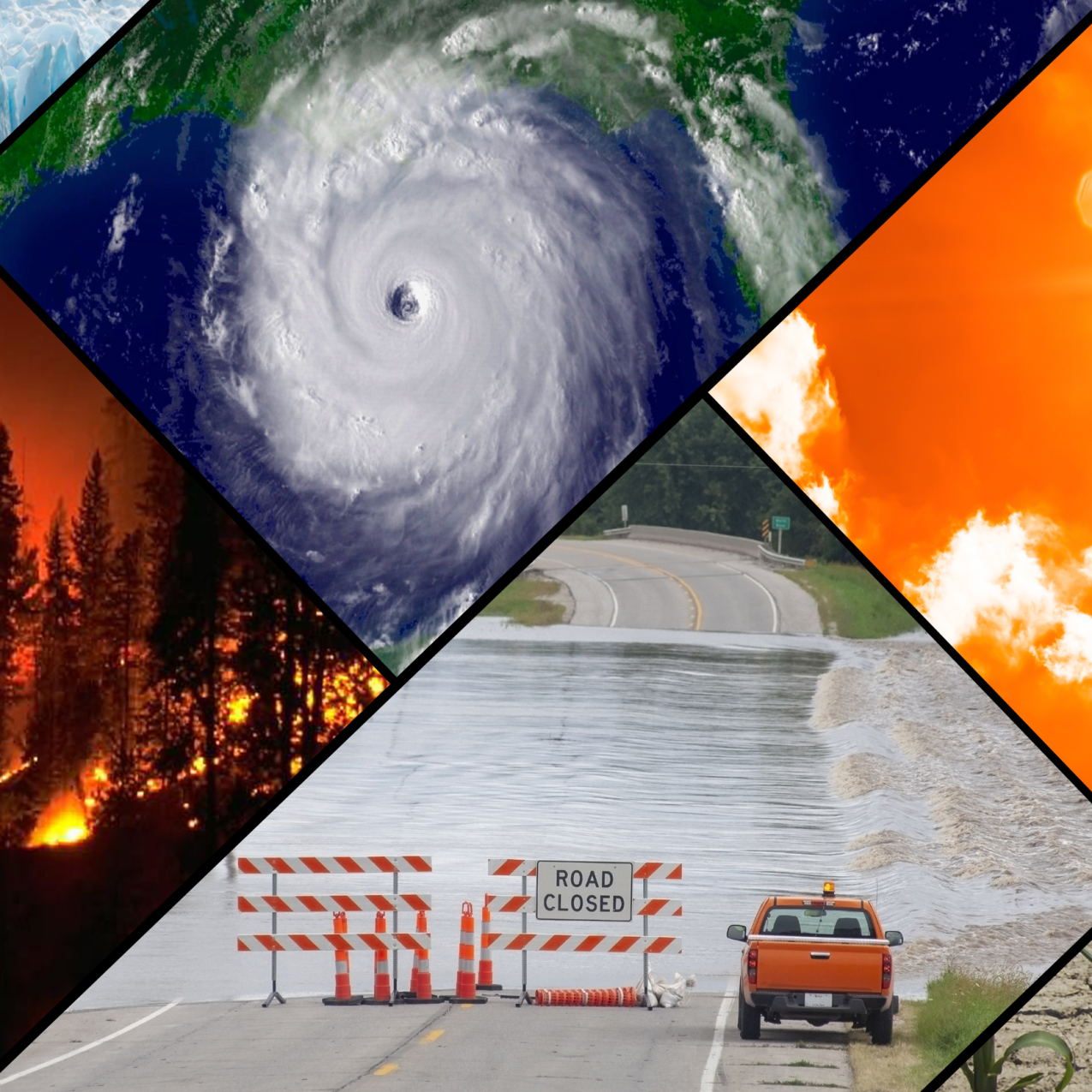 A collage of typical climate and weather-related events: floods, heatwaves, drought, hurricanes, wildfires and loss of glacial ice. 