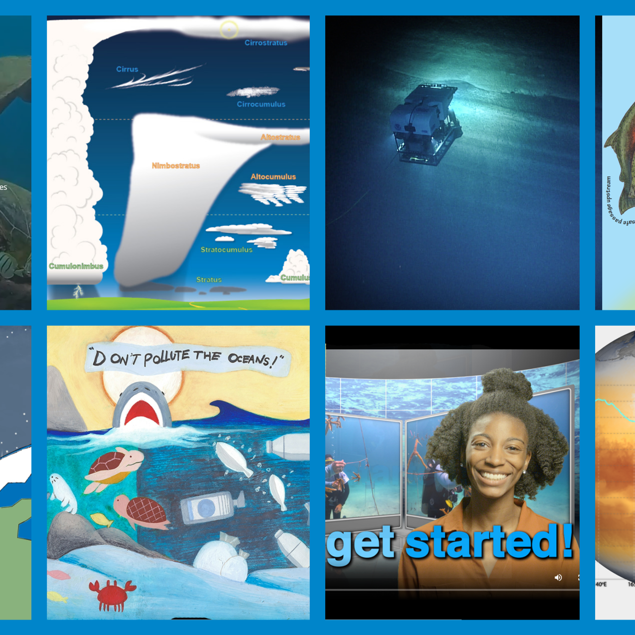 A collage of eight images of NOAA educational resources. Clockwise: sea turtles in a reef with text "Sanctuaries 360: Explore the Blue", a drawing of the ten basic clouds, an ROV in the deep ocean, a drawing of the salmon life cycle, a drawing of a satellite above Earth, a winning marine debris art contest entry with the text "Don't pollute the oceans!", a woman standing in front of two screens with the text "get started!", and a data visualization of two Earths showing different sea surface temperatures.