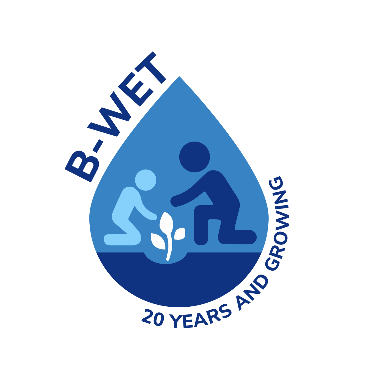 B-WET’s 20th Anniversary logo: It reads “B-WET 20 years and growing.” To the left of the text is a water drop shape and inside there a sketch of two people kneeling with a plant between them.