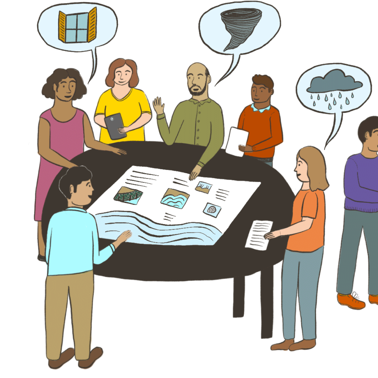 Cartoon illustration of community members discussing and collaborating on a schematic featuring maps and environmental information. Speech bubbles show that they are discussing storms, tornadoes, and storm shutters. Next to them, two people look at NOAA information on a laptop. 
