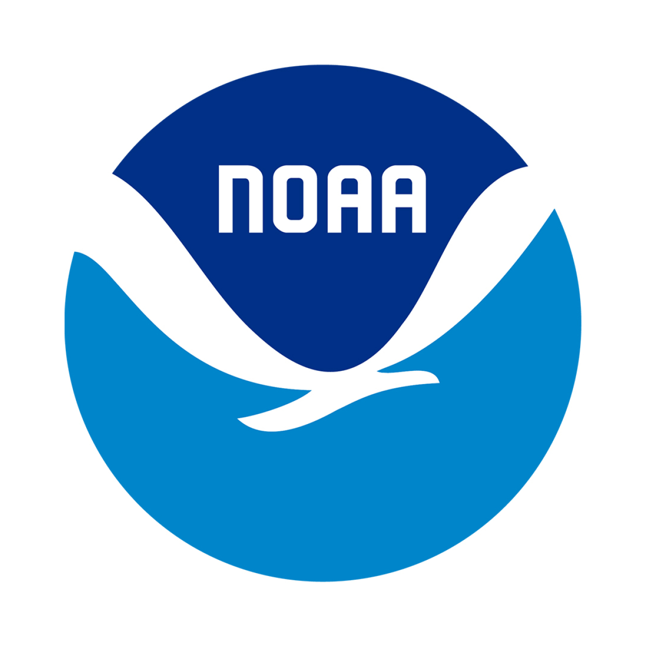 NOAA Logo, featuring a white bird separating two fields of blue, darker on top, lighter on bottom. The word NOAA, sits in the darker blue field above the bird.