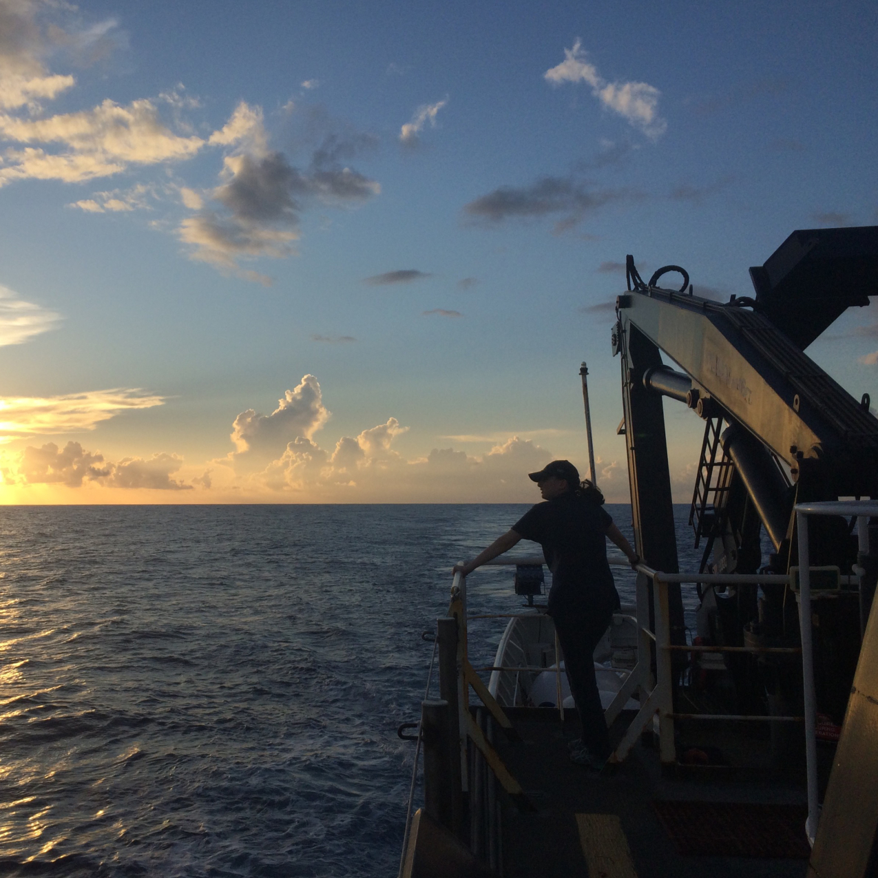 Emily Narrow, mission videographer, enjoys the sunset over the Pacific Ocean from the back deck of NOAA Ship Okeanos Explorer, during the NOAA Ocean Exploration mission: Discovering the Deep: Exploring Remote Pacific Marine Protected Areas In 2017.