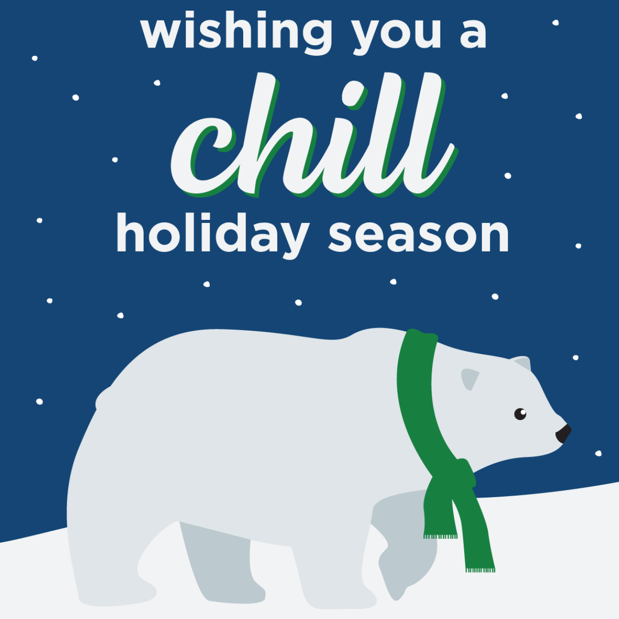 An illustrated holiday card featuring a polar bear wearing a scarf while walking in the snow. There is a NOAA logo in the corner of the card. Text: Wishing you a chill holiday season! noaa.gov/education