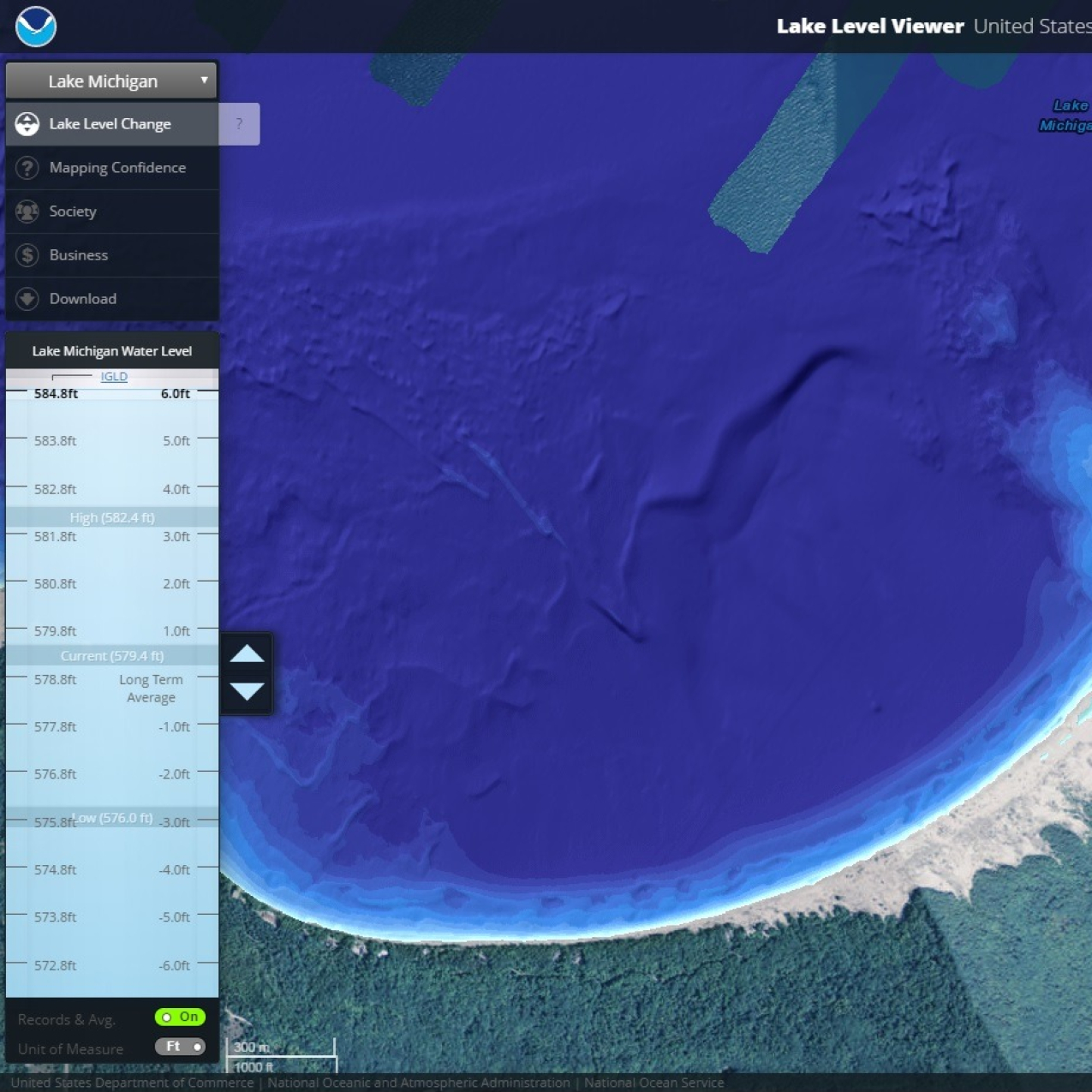 Screenshot of the Lake Level Viewer tool, which is displaying aerial imagery of Lake Michigan and shows several buttons users can manipulate, such as Mapping confidence, lake level change, opacity, and more.