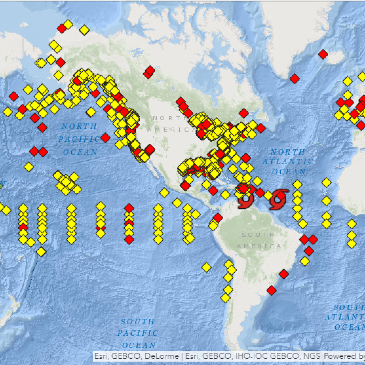 An international map showing the locations of buoys in the Atlantic Ocean, the Pacific Ocean, and some in inland waterways.