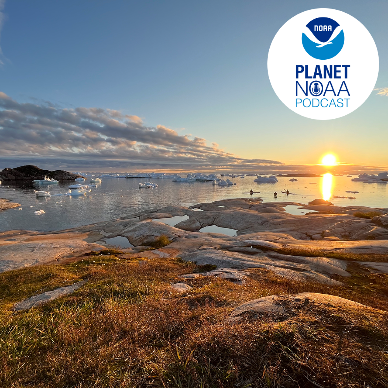 Sun setting over rocky and icy shores of Greenland with Planet NOAA logo