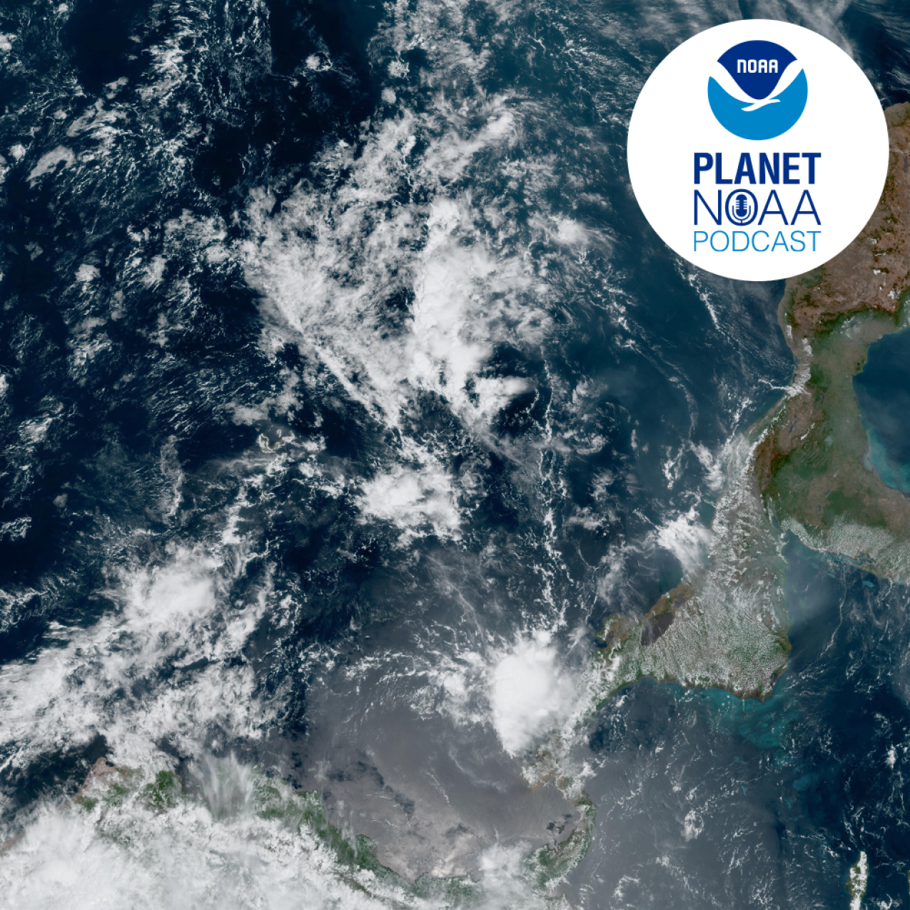 satellite image with Planet NOAA Podcast logo