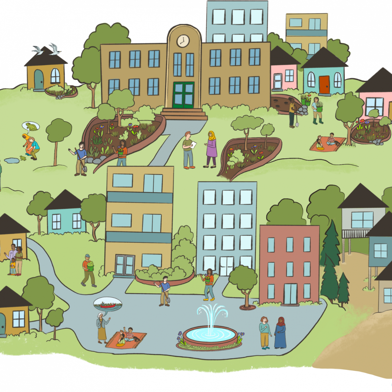Theory of Change community illustration, which includes lush greenery, people playing and conversing outside, and community buildings and houses.