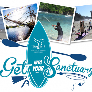 A collage of photos of people in national marine sanctuaries with the Get Into Your Sanctuary logo featuring a surfboard, fishing pole, and diving equipment.