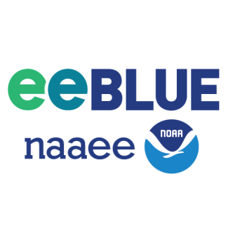 A logo that says "eeBLUE" in green and blue letters across the top and "naaee" in blue letters next to the NOAA emblem on the bottom.