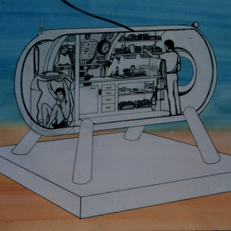 A drawing of the HYDROLAB, showing a cross section of the inside. Two people are inside the Hydrolab, one at the lab and the other in the moon pool.