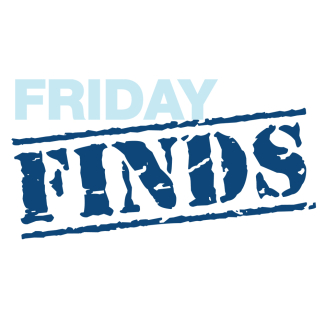 The word "Friday" in a  light blue block font and the word "Finds" in the style of a  dark blue stamp.