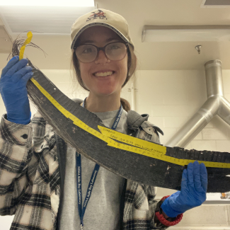 Courtney poses in a lab, smiling and holding a gray, crescent shaped plate of whale baleen that appears to be a few feet long in her gloved hands. The baleen plate looks hard and fibrous.