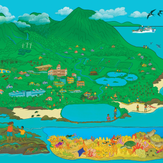 This illustration represents a vision of the future where children, youth, and adults are learning together and are directly engaged in activities that improve the resilience of their island community.