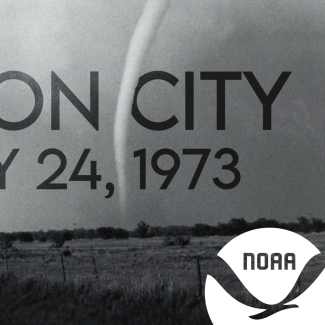Black and white photo of the May 24, 1973, Union City tornado, with the words, "Union City May 24, 1973," superimposed over the image.