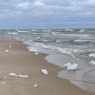 Lake Michigan just north of Muskegon on February 11, 2024. Although chunks of ice dot the sandy beach, there is little-to-no ice coverage on the lake. Often in February ice would be many inches thick at this same location and the waves would be well off shore. Jen Day/NOAA.