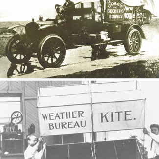 (Top) The officers of the Coast and Geodetic Survey, the NOAA Corps predecessor service, were world-renowned for their expertise and accuracy in surveying and charting.
(Bottom) U.S. Weather Bureau weather kite being prepared for launch.