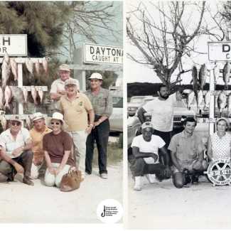 Two photos side by side which show historic fishing photos. Both photos look almost the same with a group of people gathering at the same dock. The photos are taken three years apart.