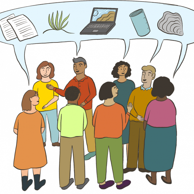 Illustration of a group of people contributing to a conversation bubble featuring ideas related to community resilience (paper report, vegetation, a laptop displaying a costal chart, a beaker, and an oyster). 