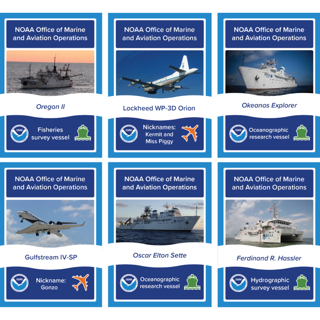 An assortment of trading cards featuring NOAA ships and airplanes. 