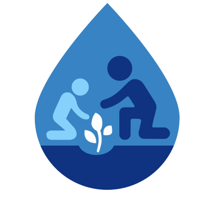 B-WET’s 20th Anniversary logo: "B-WET 20 years and growing.” To the left of the text is a water drop shape and inside there a sketch of two people kneeling with a plant between them.