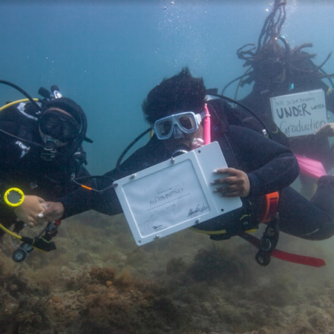 Three people are underwater scuba diving. One person is holding up a sign that says "underwater graduation". Another person is handing over a sign to a third person that says "Alexis Putney" and looks like a diploma.
