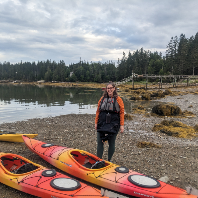 Ariela Zycherman prepares for a kayak trip in the coastal waters off Stonington, Maine.