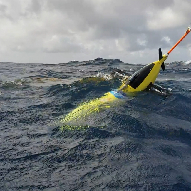 A NOAA ocean glider, seen in waters off the coast of Puerto Rico in July 2018. These robotic, unmanned gliders are equipped with sensors to measure the salt content (salinity) and temperature as they move through the ocean at different depths. The gliders, which can operate in hurricane conditions, collect data during dives down to a half mile below the sea surface, and transmit the data to satellites when they surface.
